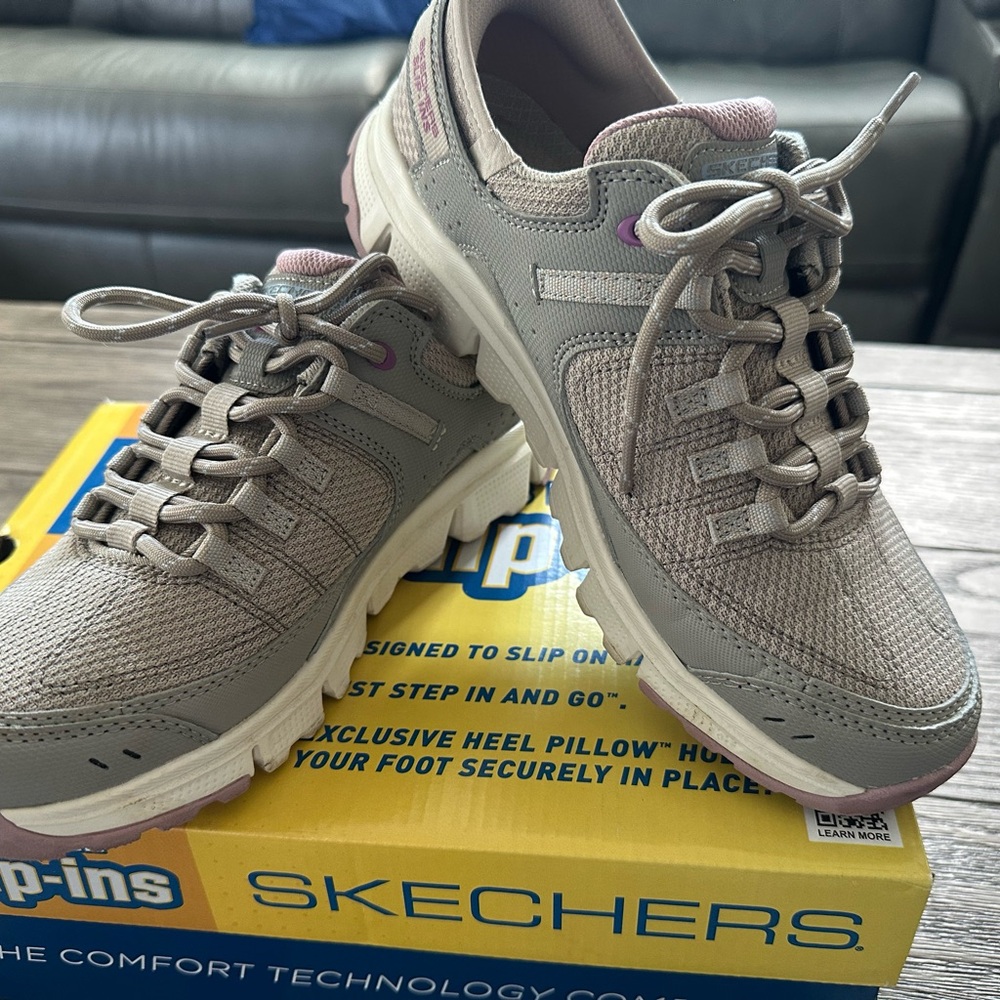Skechers Women’s Taupe Athletic Sneakers with Mauve Accents